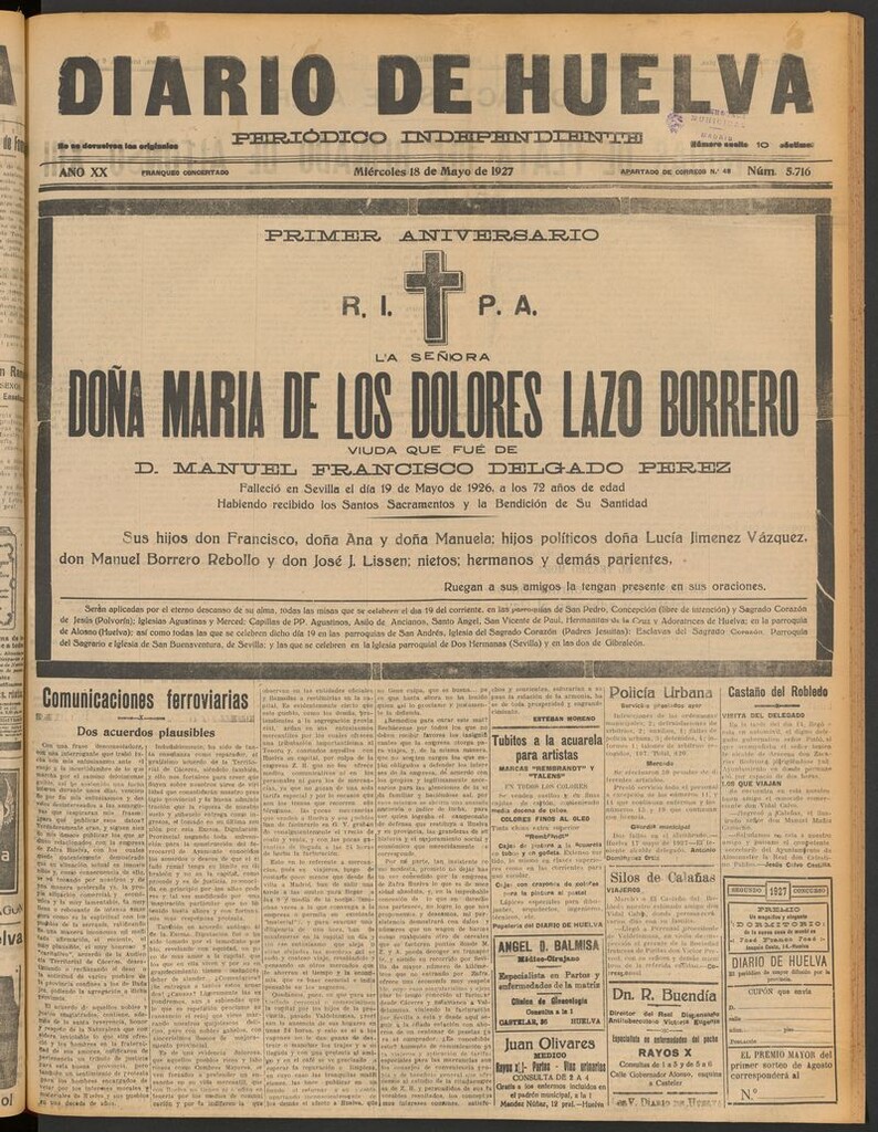 Miniatura de Diario de Huelva : periódico independiente del 18 de mayo de 1927