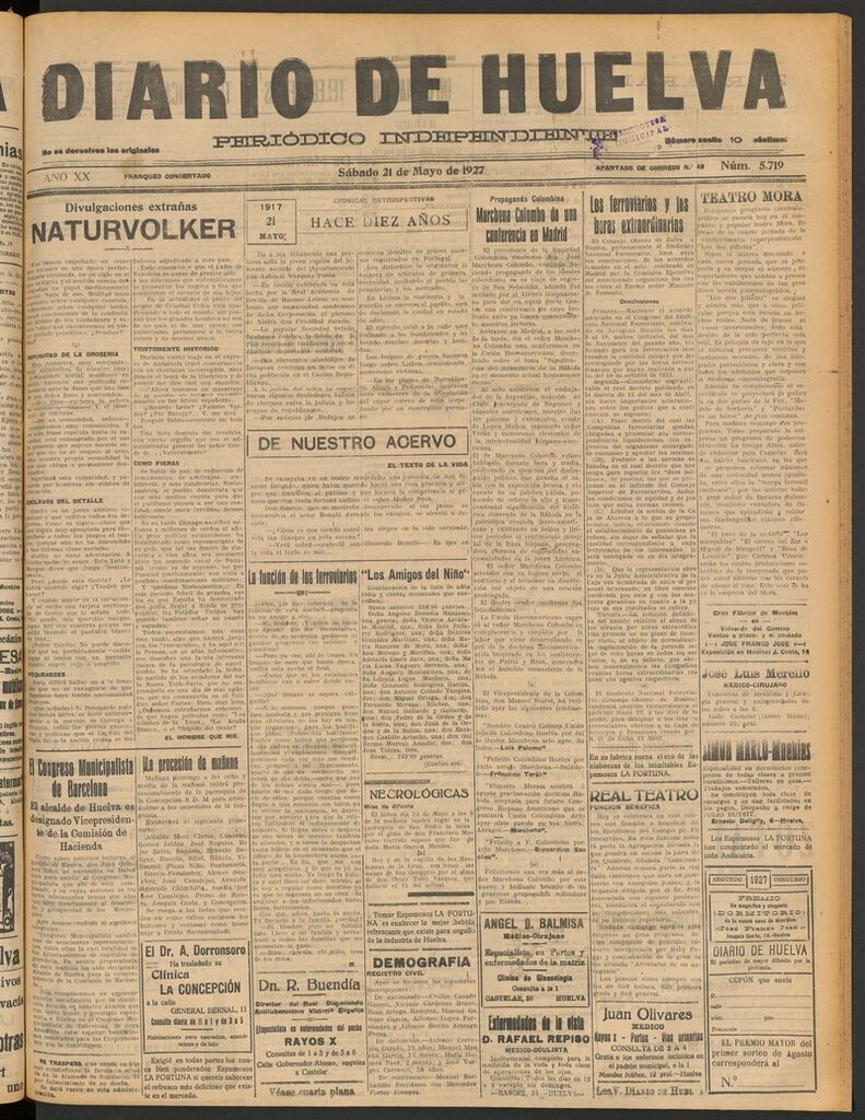 Miniatura de Diario de Huelva : periódico independiente del 21 de mayo de 1927