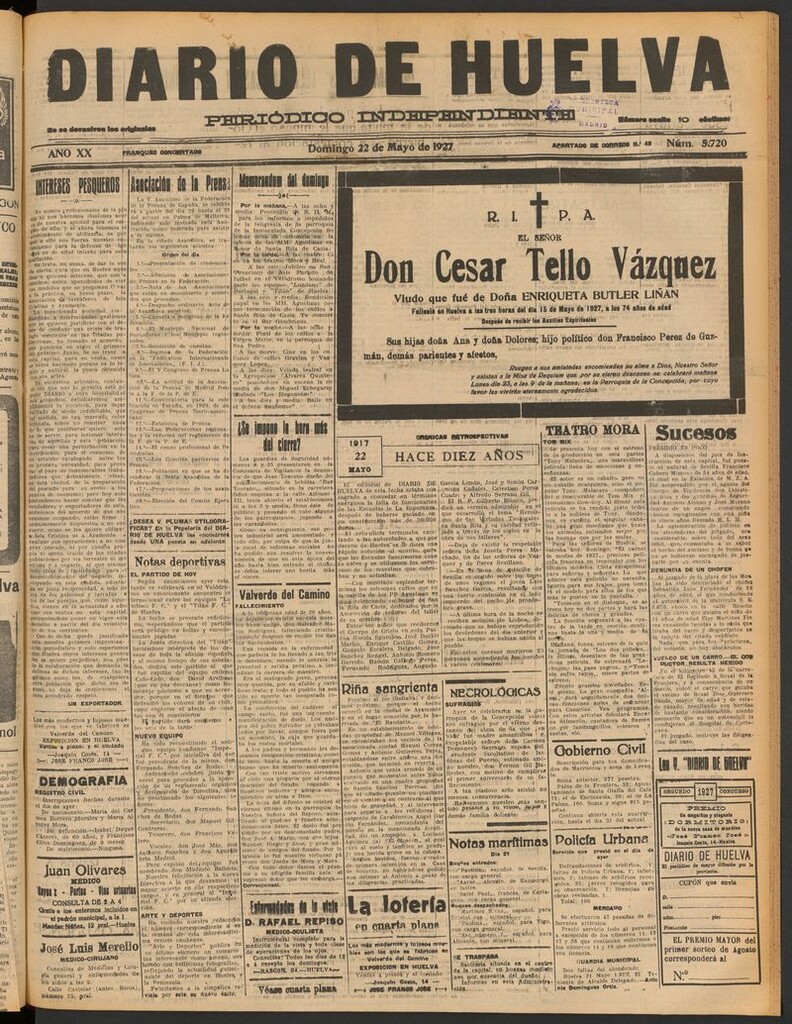 Miniatura de Diario de Huelva : periódico independiente del 22 de mayo de 1927
