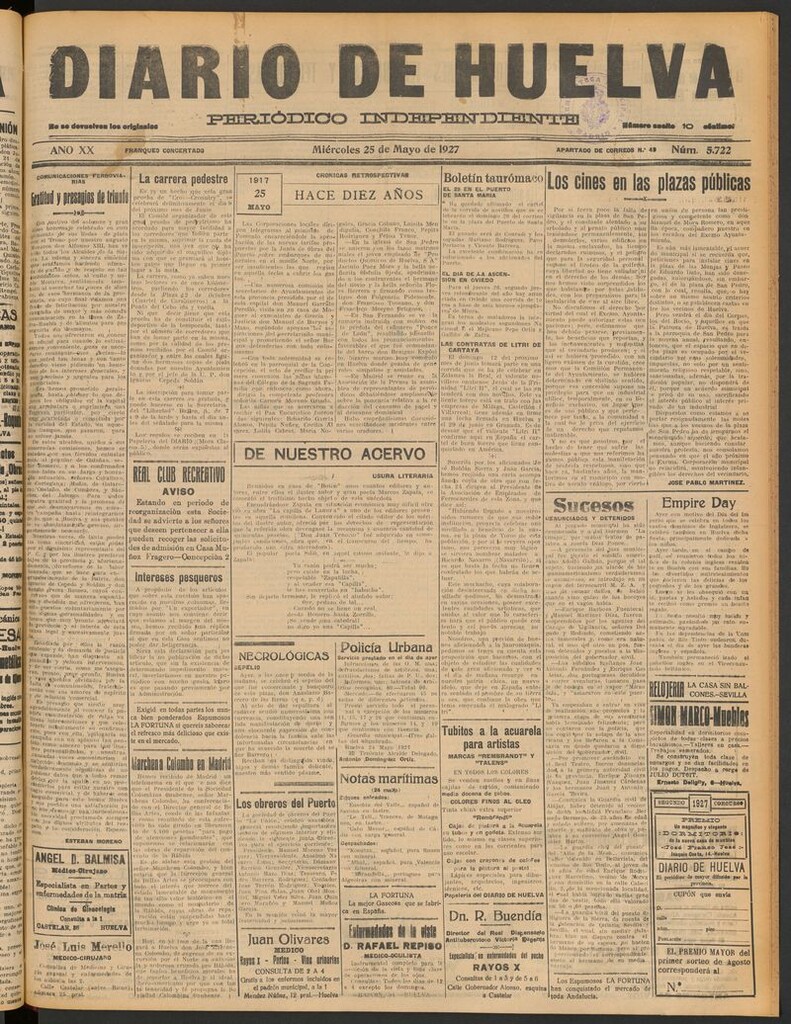 Miniatura de Diario de Huelva : periódico independiente del 25 de mayo de 1927
