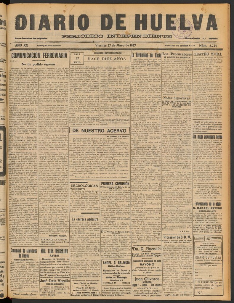 Miniatura de Diario de Huelva : periódico independiente del 27 de mayo de 1927