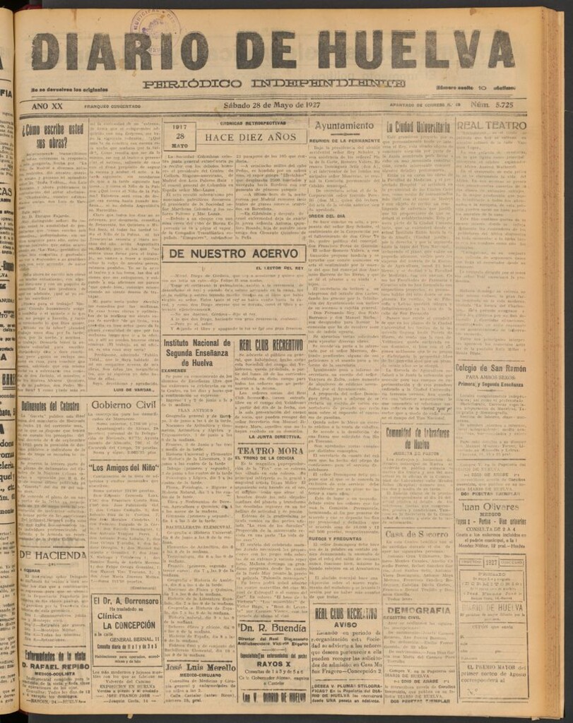 Miniatura de Diario de Huelva : periódico independiente del 28 de mayo de 1927