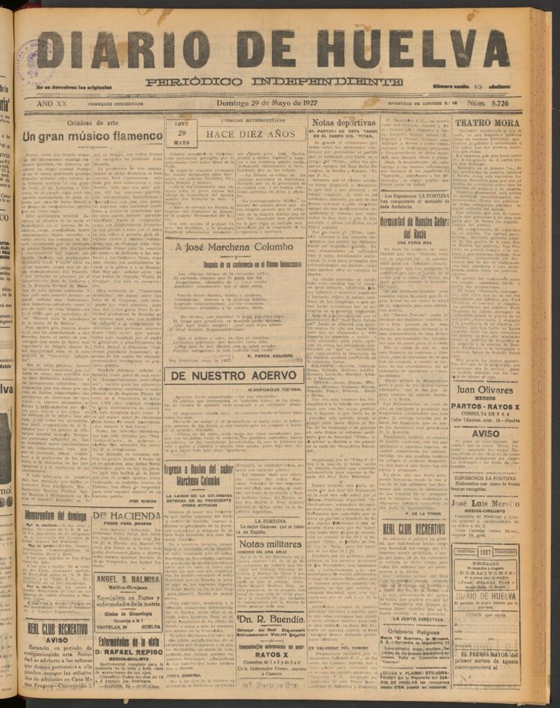 Miniatura de Diario de Huelva : periódico independiente del 29 de mayo de 1927