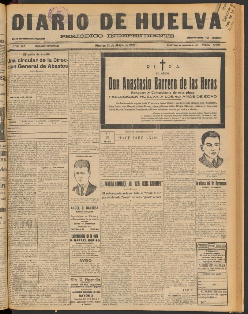 Miniatura de Diario de Huelva : periódico independiente del 31 de mayo de 1927