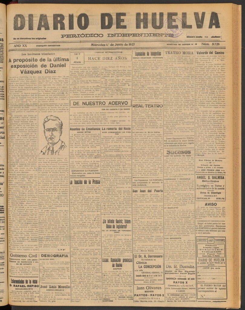 Miniatura de Diario de Huelva : periódico independiente del 1 de junio de 1927