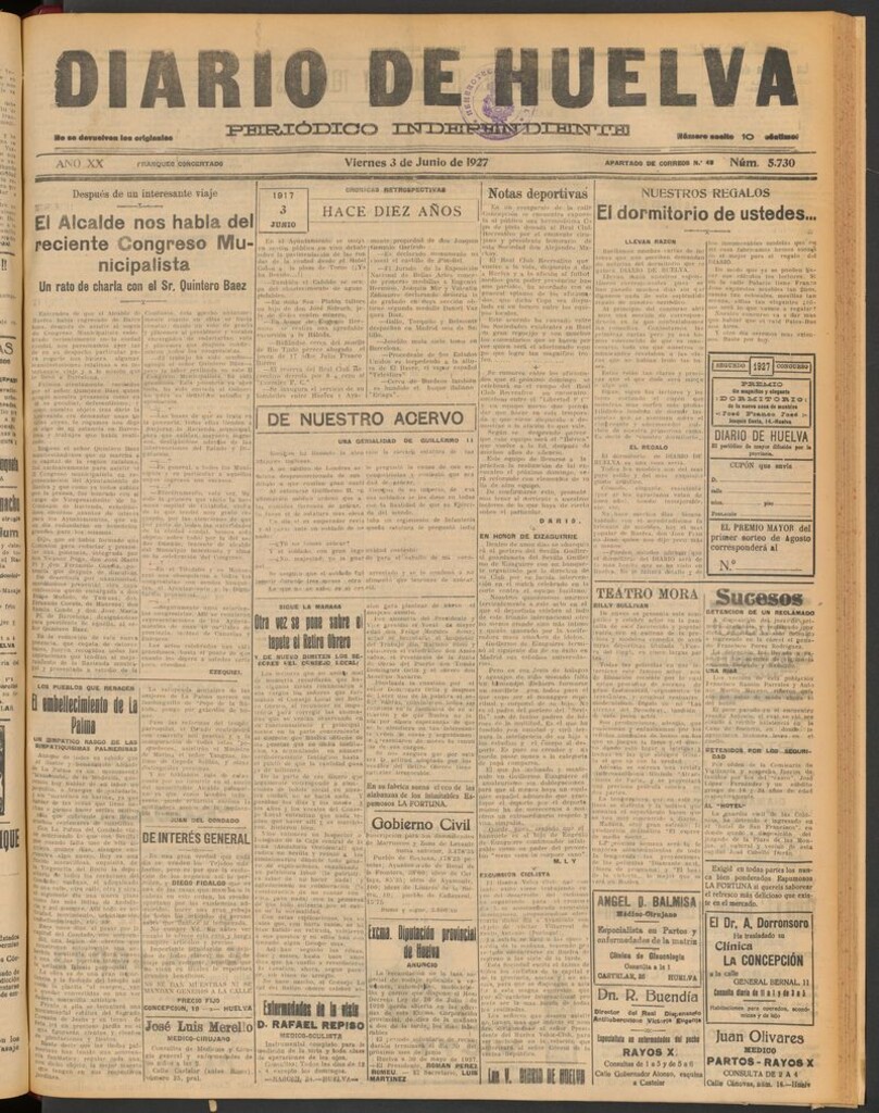 Miniatura de Diario de Huelva : periódico independiente del 3 de junio de 1927