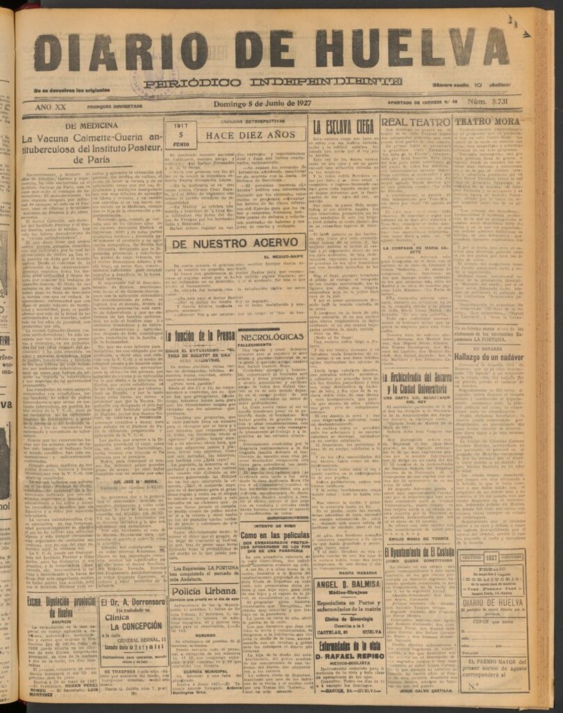 Miniatura de Diario de Huelva : periódico independiente del 5 de junio de 1927