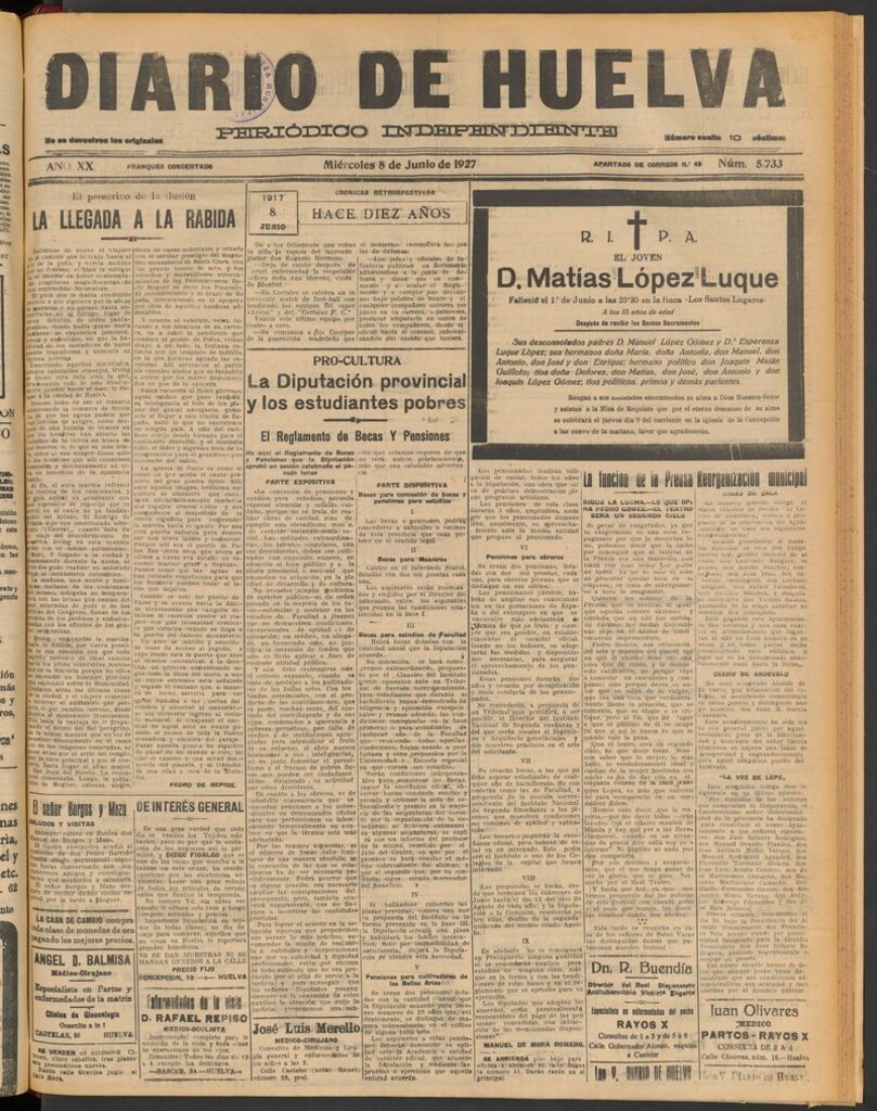 Miniatura de Diario de Huelva : periódico independiente del 8 de junio de 1927