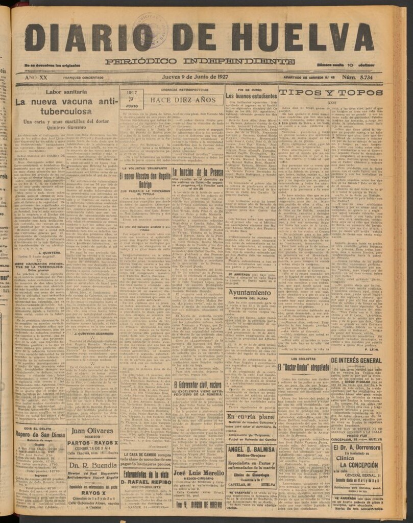 Miniatura de Diario de Huelva : periódico independiente del 9 de junio de 1927