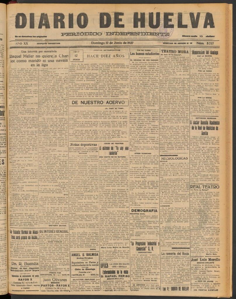 Miniatura de Diario de Huelva : periódico independiente del 12 de junio de 1927