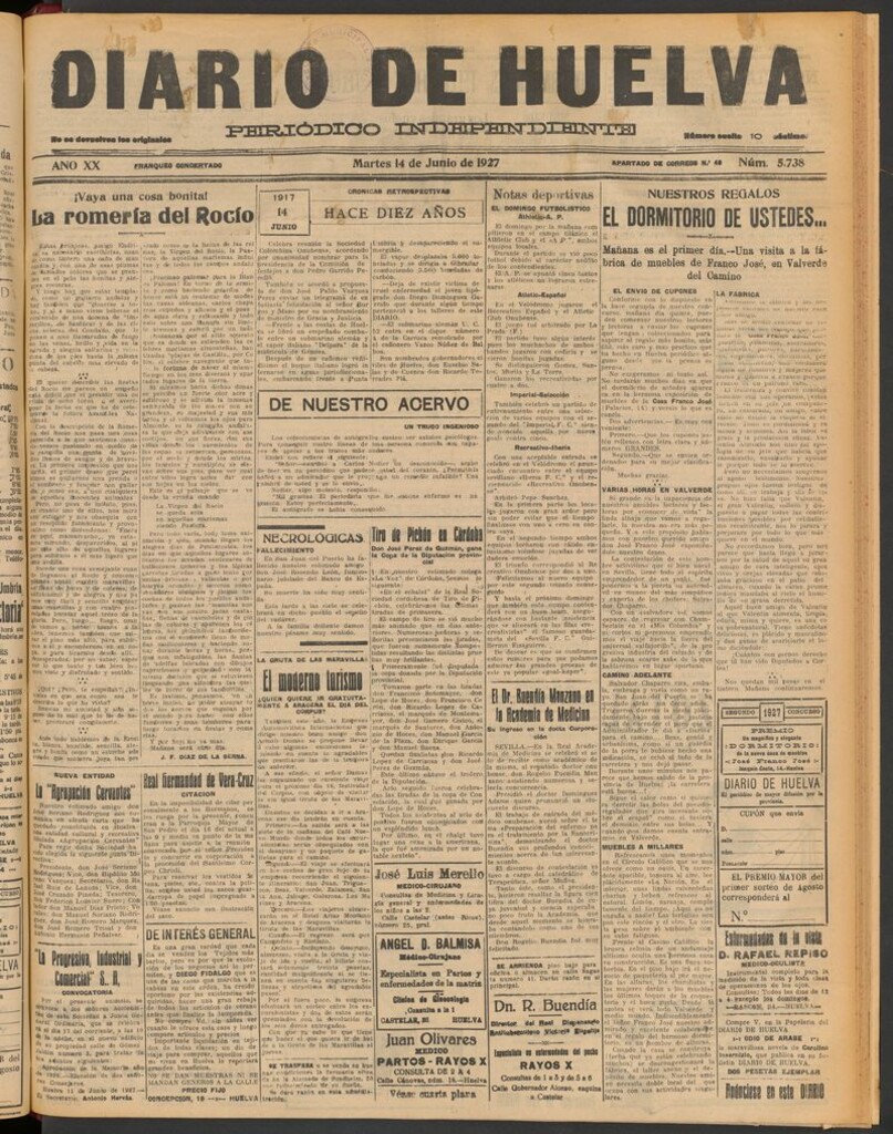 Miniatura de Diario de Huelva : periódico independiente del 14 de junio de 1927