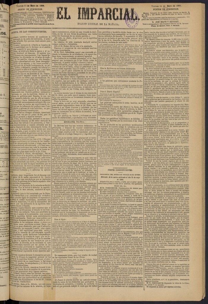 Miniatura de Diario El Imparcial del 14 de mayo de 1869