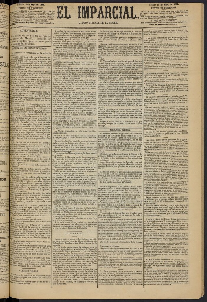 Miniatura de Diario El Imparcial del 15 de mayo de 1869