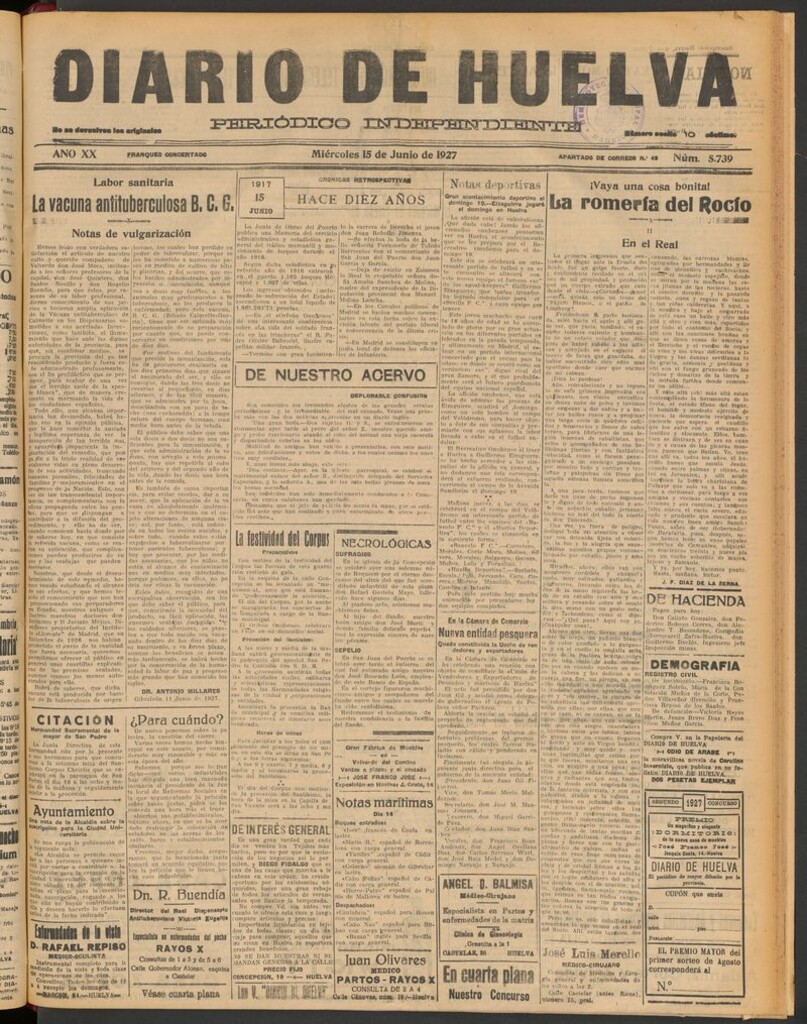 Miniatura de Diario de Huelva : periódico independiente del 15 de junio de 1927