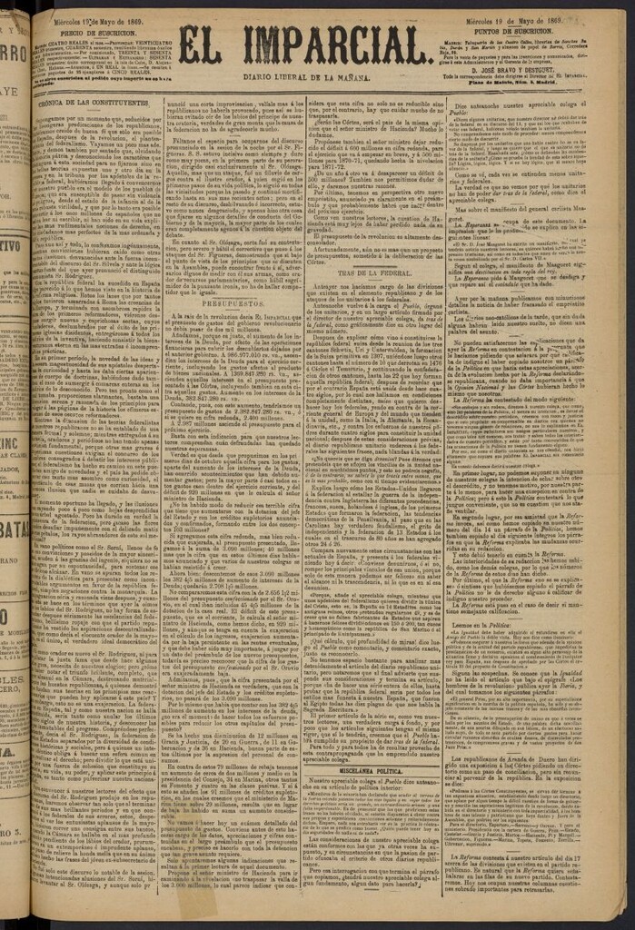 Miniatura de Diario El Imparcial del 19 de mayo de 1869