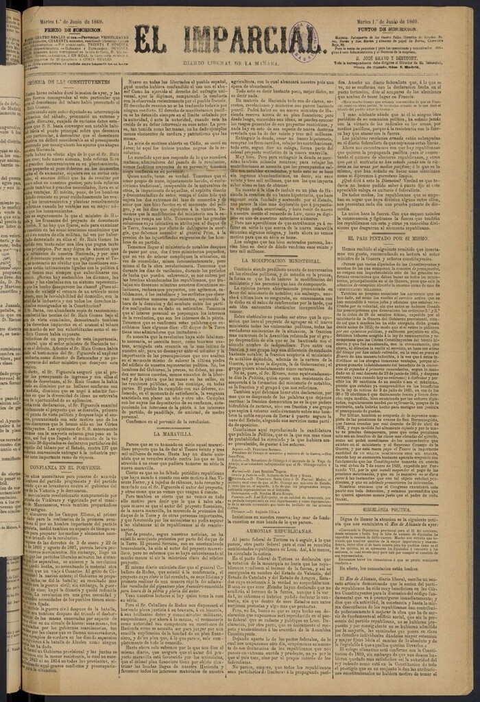 Miniatura de Diario El Imparcial del 1 de junio de 1869