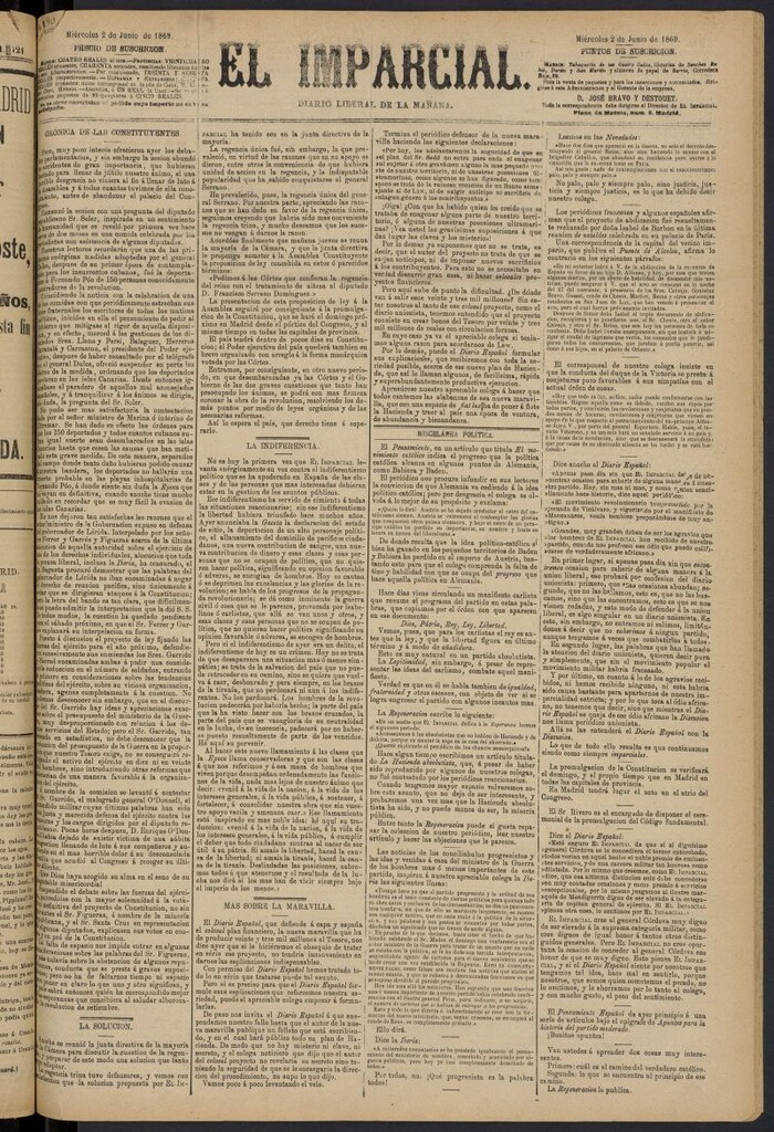 Miniatura de Diario El Imparcial del 2 de junio de 1869