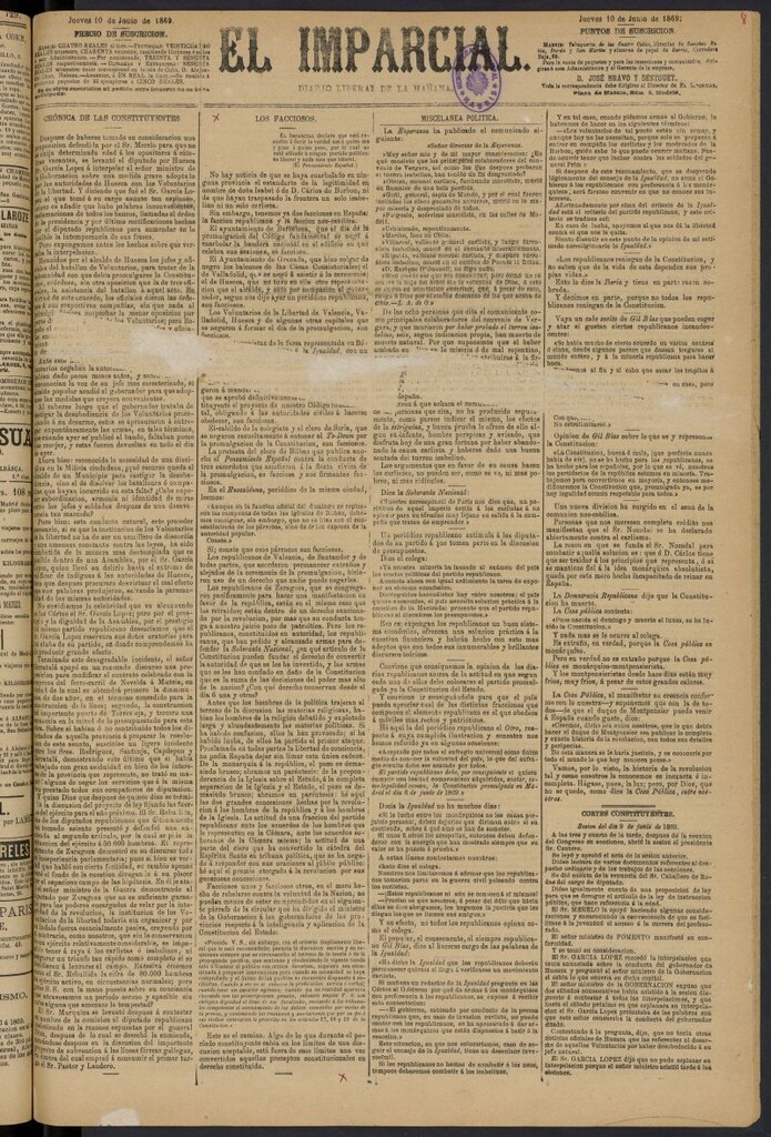 Miniatura de Diario El Imparcial del 10 de junio de 1869