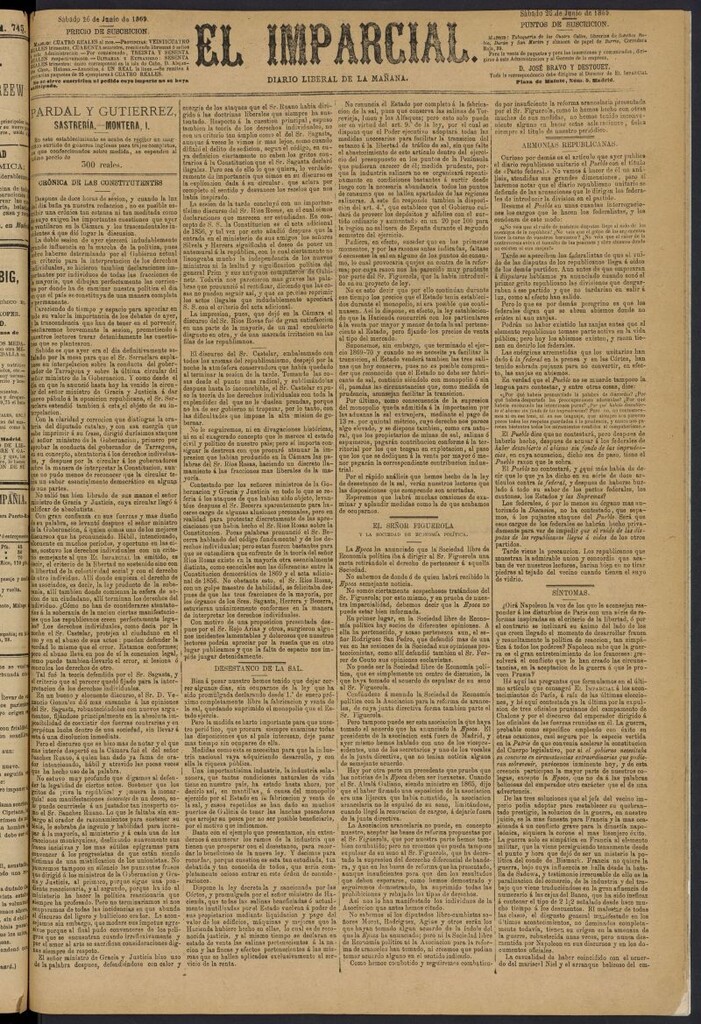 Miniatura de Diario El Imparcial del 26 de junio de 1869
