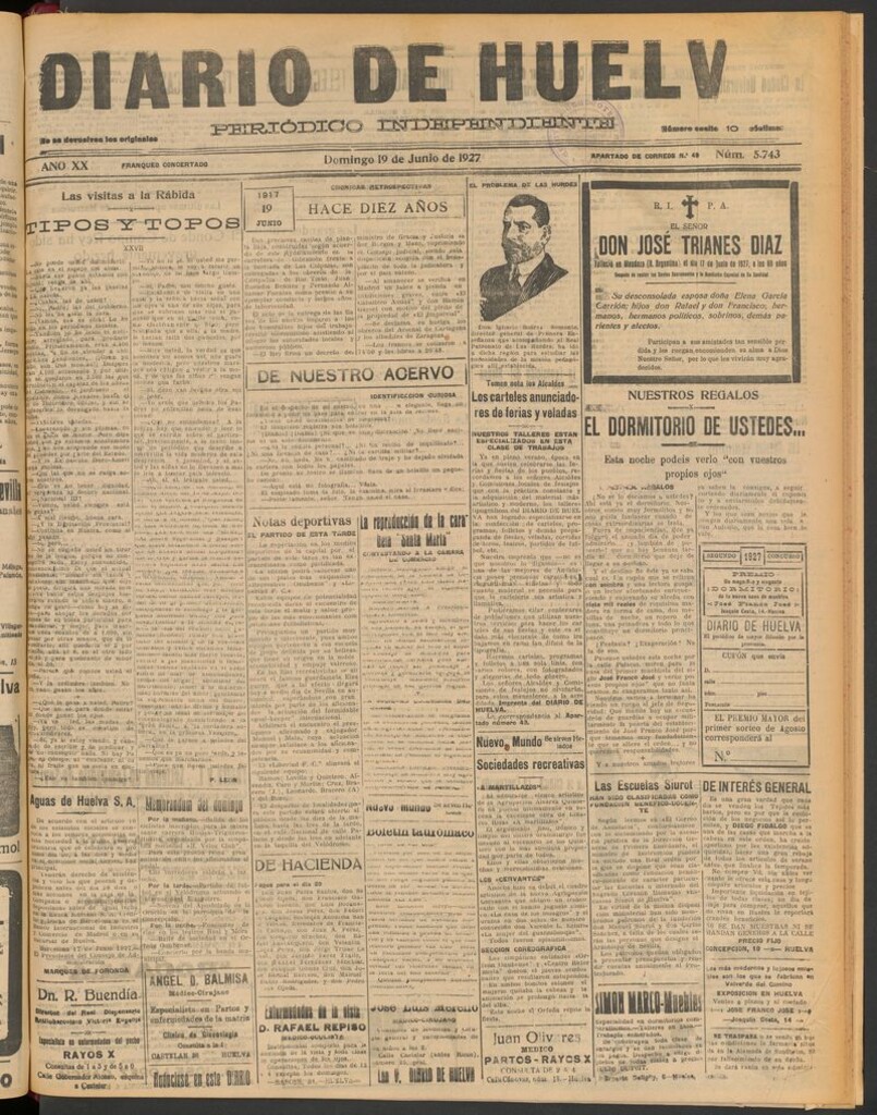 Miniatura de Diario de Huelva : periódico independiente del 19 de junio de 1927