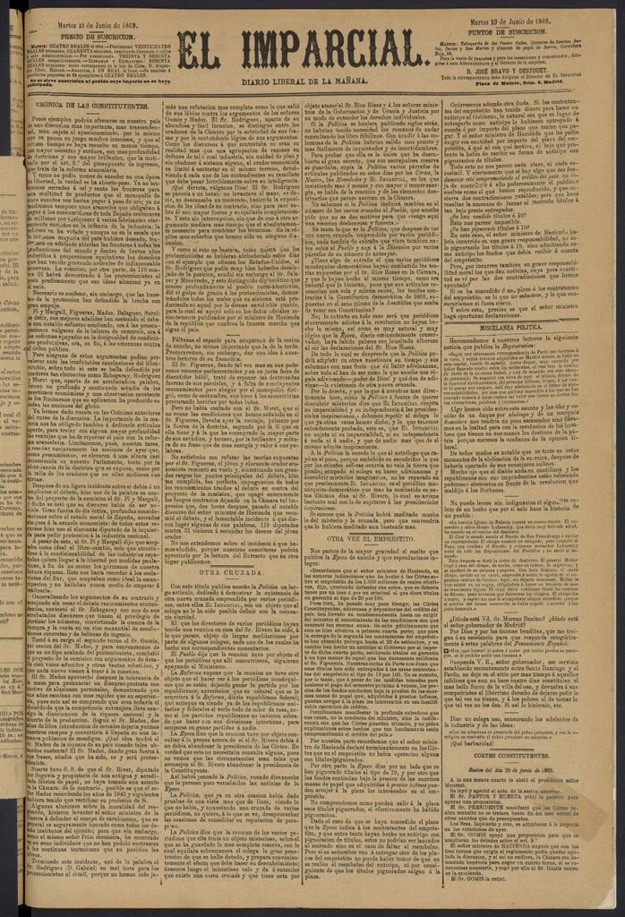 Miniatura de Diario El Imparcial del 29 de junio de 1869