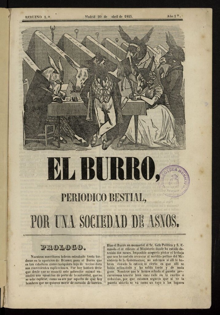 Miniatura de El Burro: periódico bestial por una sociedad de asnos del 20 de abril de 1845, rebuzno 1º