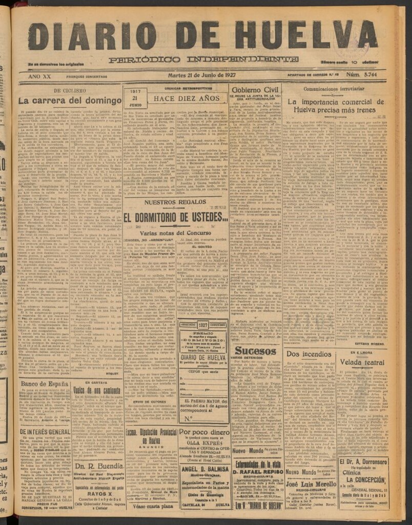 Miniatura de Diario de Huelva : periódico independiente del 21 de junio de 1927
