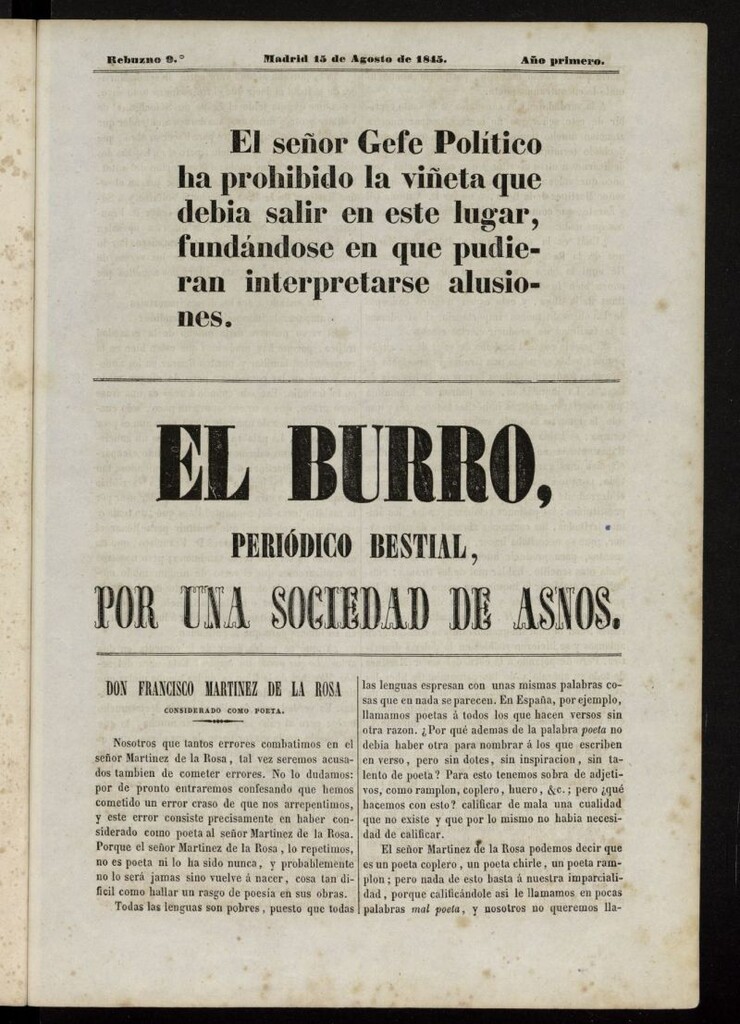 Miniatura de El Burro: periódico bestial por una sociedad de asnos del 15 de agosto de 1845, rebuzno 9º