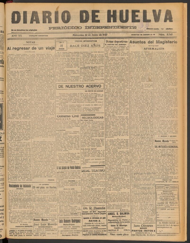 Miniatura de Diario de Huelva : periódico independiente del 22 de junio de 1927