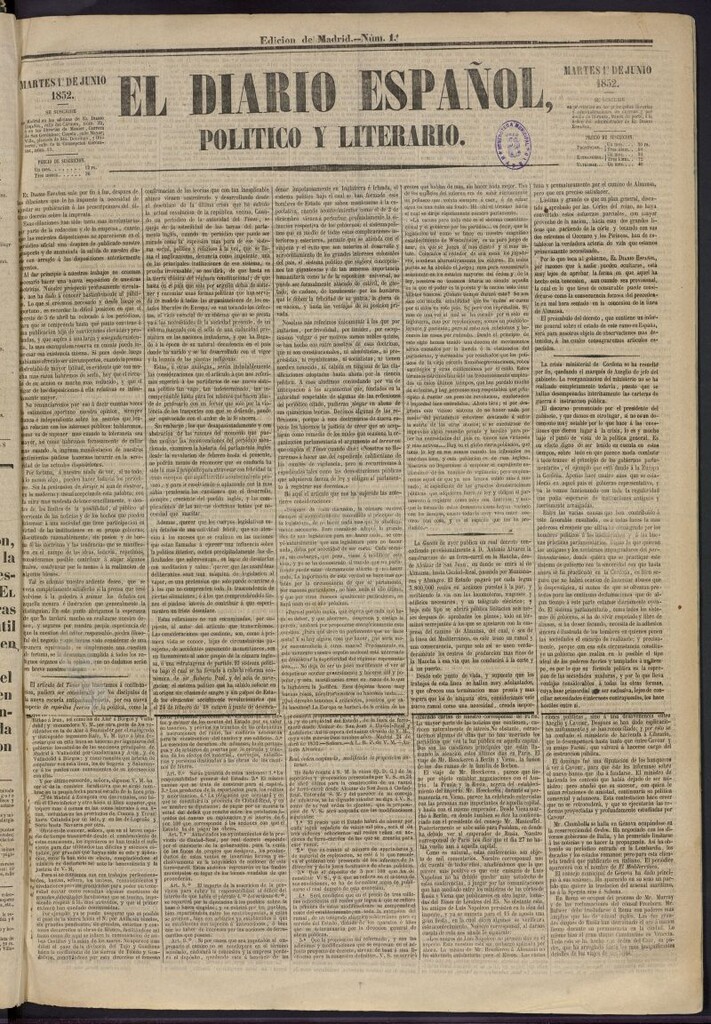 Miniatura de El Diario Español Político y Literario del 1 de junio de 1852, nº 1