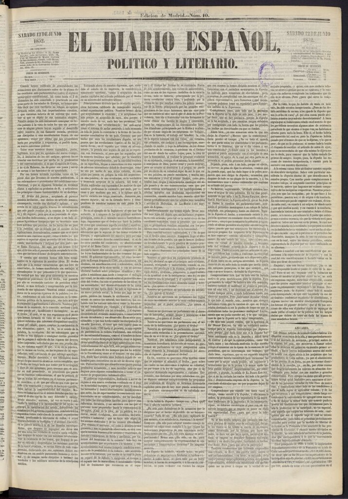 Miniatura de El Diario Español Político y Literario del 12 de junio de 1852, nº 10
