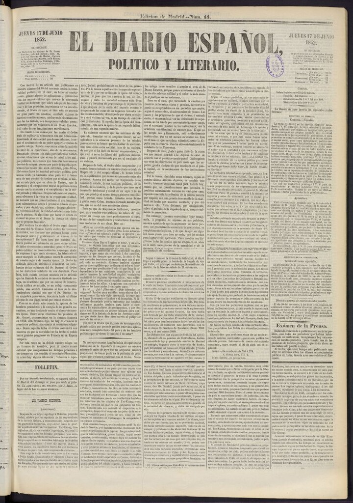 Miniatura de El Diario Español Político y Literario del 17 de junio de 1852, nº 14