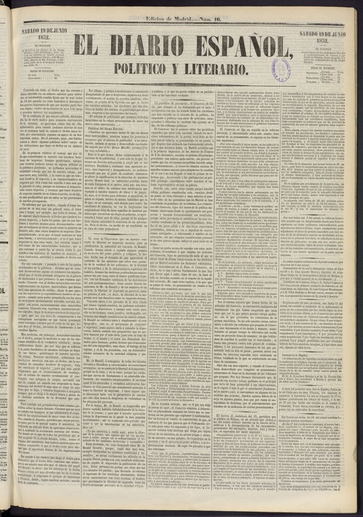 Miniatura de El Diario Español Político y Literario del 19 de junio de 1852, nº 16