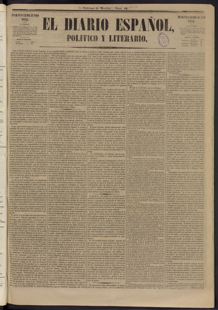 Miniatura de El Diario Español Político y Literario del 22 de junio de 1852, nº 18