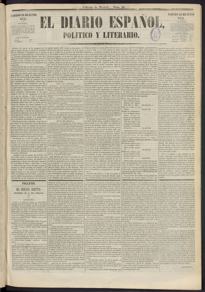 Miniatura de El Diario Español Político y Literario del 26 de junio de 1852, nº 22