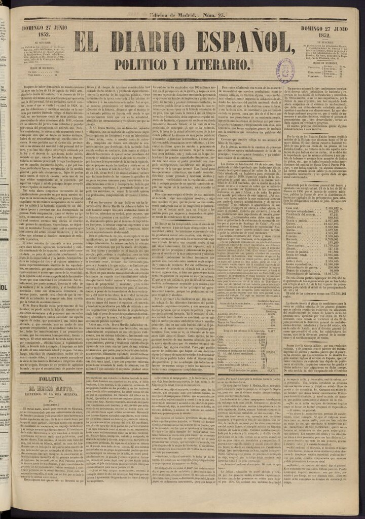 Miniatura de El Diario Español Político y Literario del 27 de junio de 1852, nº 23