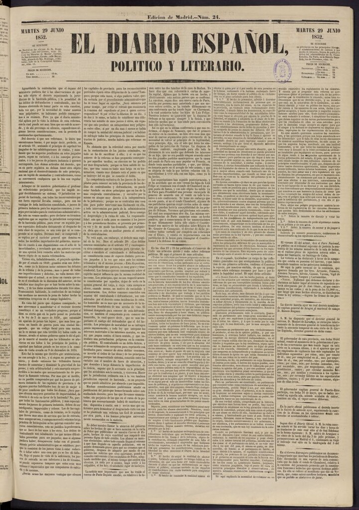 Miniatura de El Diario Español Político y Literario del 29 de junio de 1852, nº 24