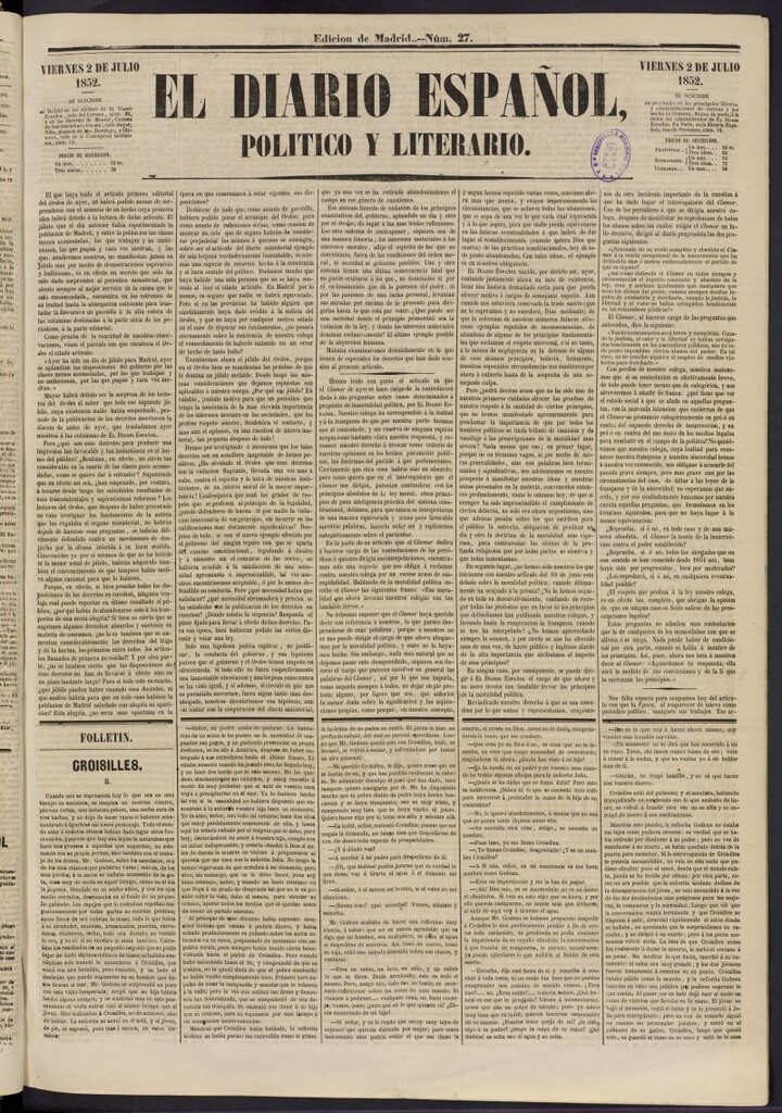 Miniatura de El Diario Español Político y Literario del 2 de julio de 1852, nº 27
