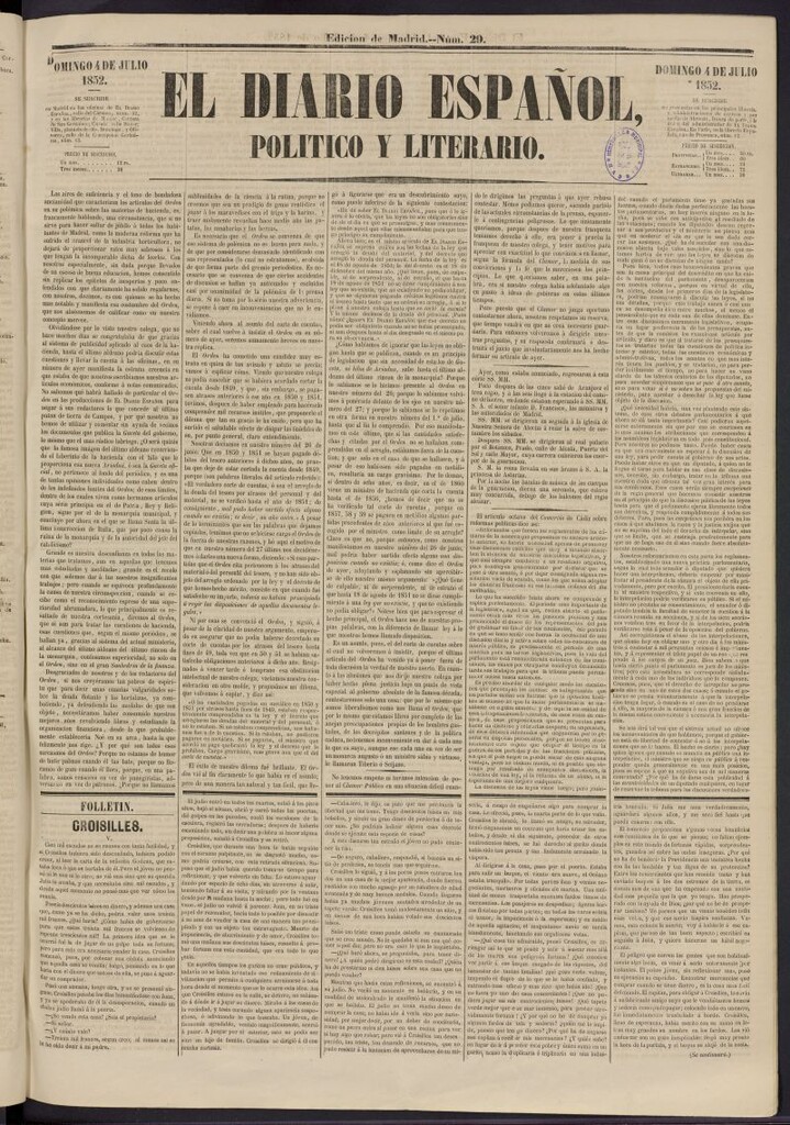 Miniatura de El Diario Español Político y Literario del 4 de julio de 1852, nº 29