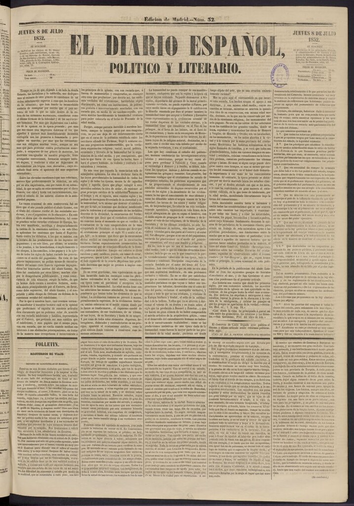 Miniatura de El Diario Español Político y Literario del 8 de julio de 1852, nº 32