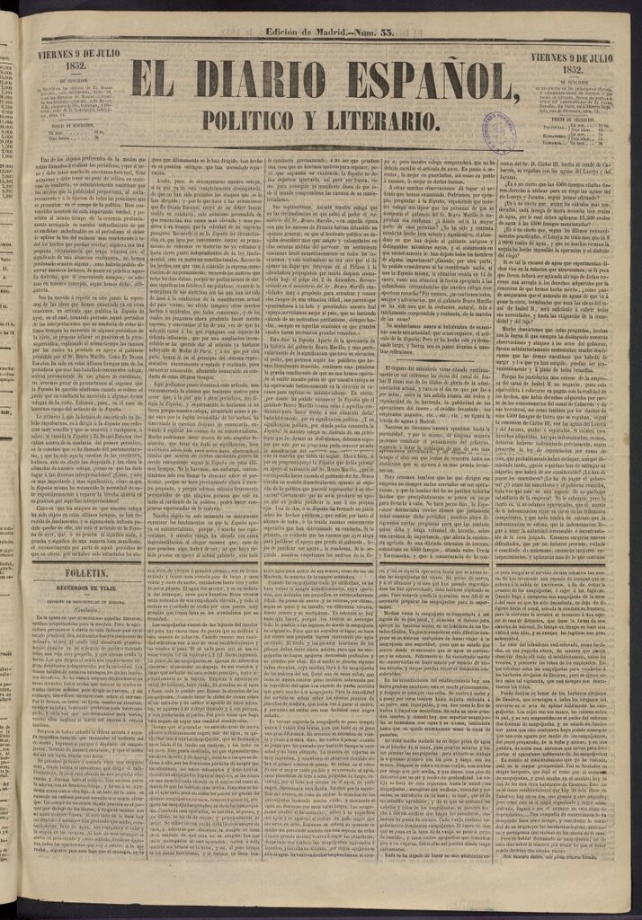 Miniatura de El Diario Español Político y Literario del 9 de julio de 1852, nº 33