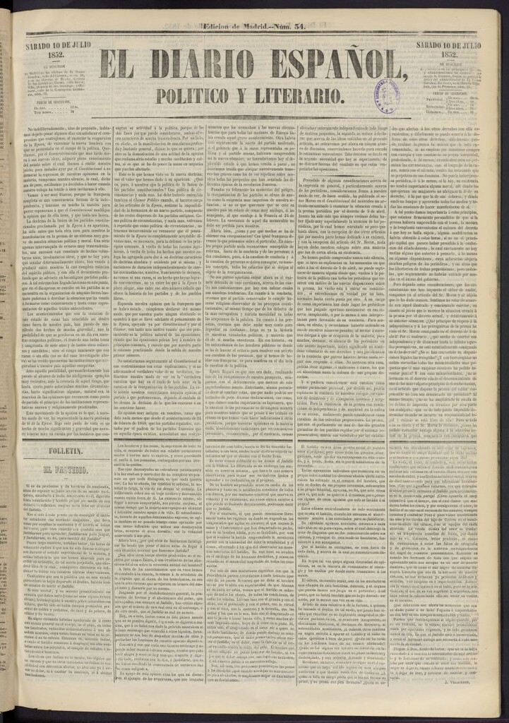Miniatura de El Diario Español Político y Literario del 10 de julio de 1852, nº 34