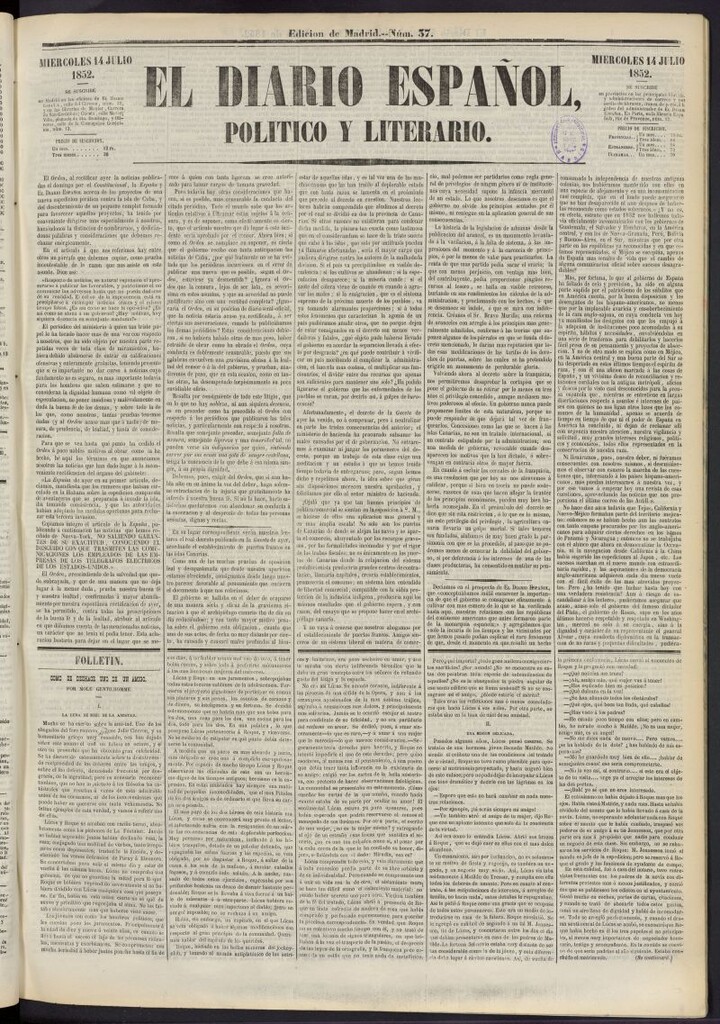 Miniatura de El Diario Español Político y Literario del 14 de julio de 1852, nº 37