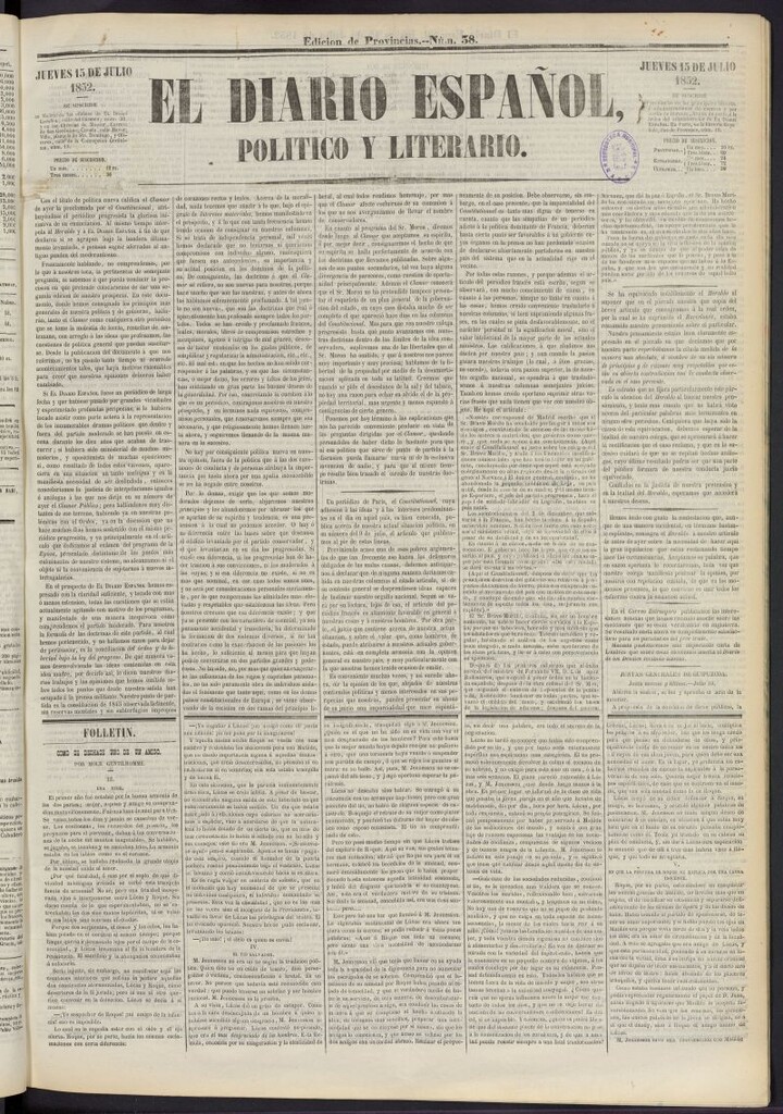 Miniatura de El Diario Español Político y Literario del 15 de julio de 1852, nº 38