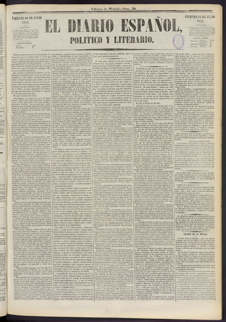 Miniatura de El Diario Español Político y Literario del 16 de julio de 1852, nº 39