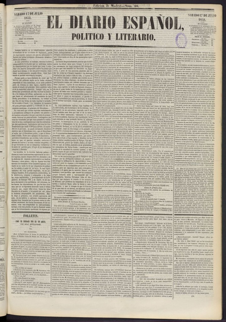 Miniatura de El Diario Español Político y Literario del 17 de julio de 1852, nº 40