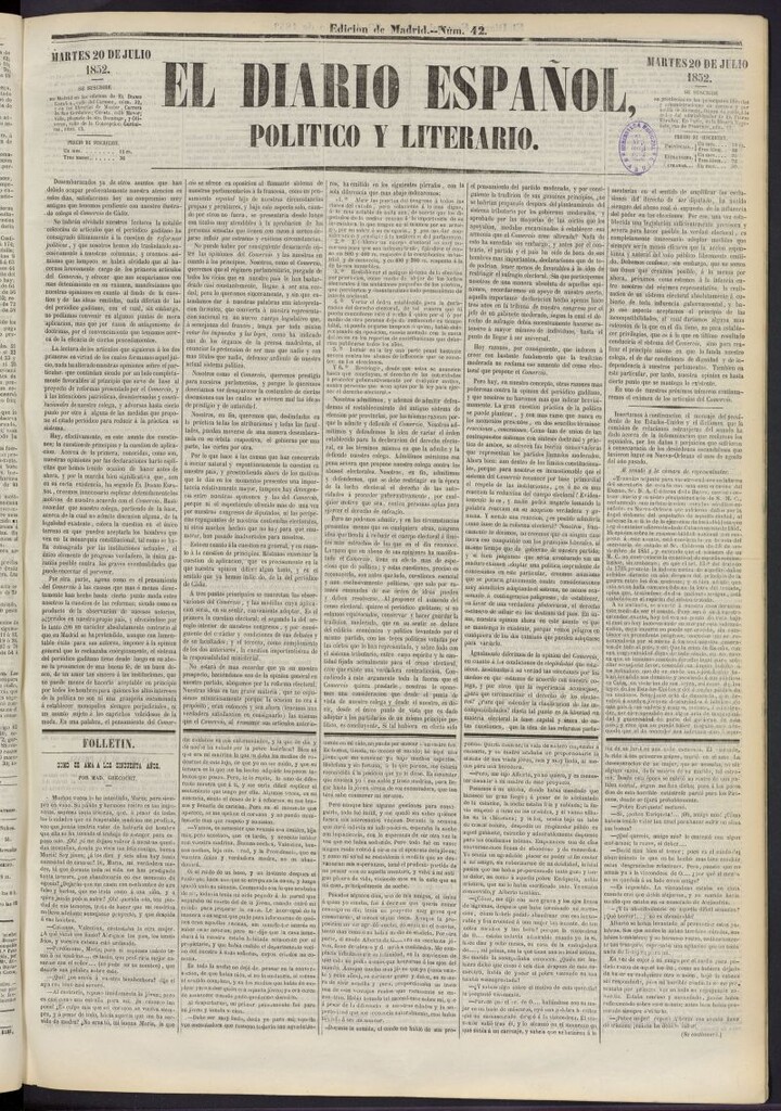 Miniatura de El Diario Español Político y Literario del 20 de julio de 1852, nº 42