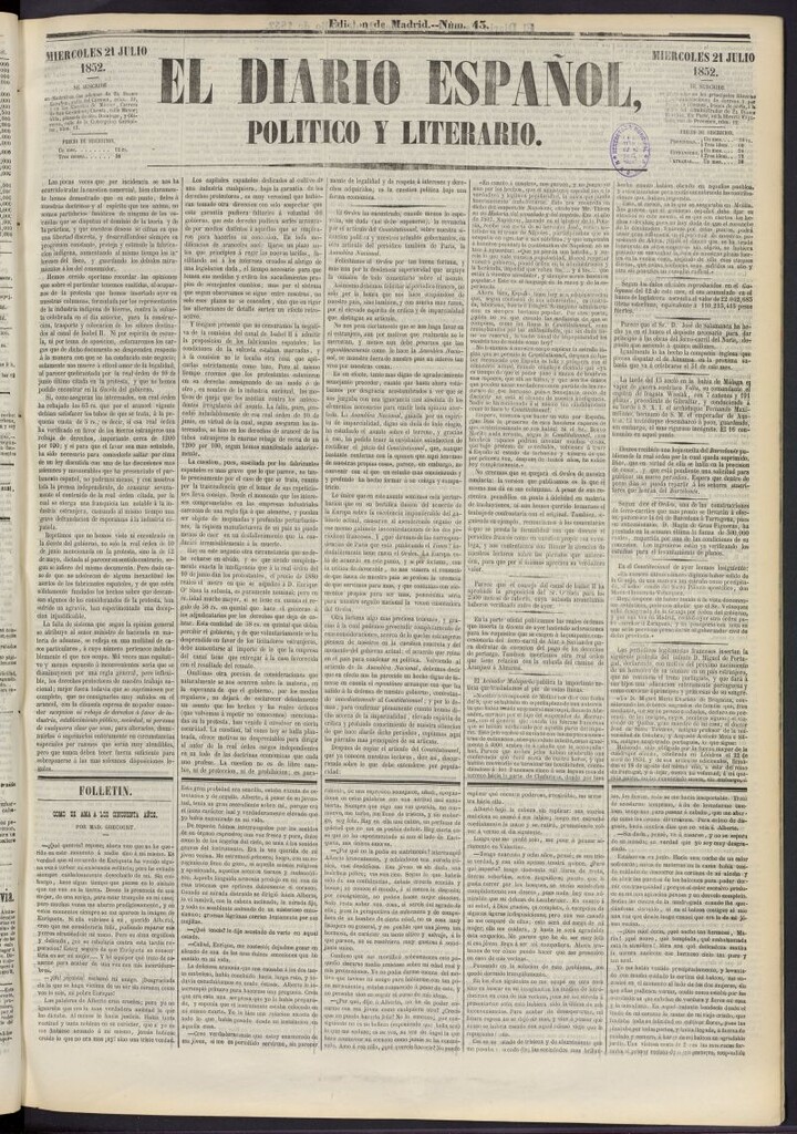 Miniatura de El Diario Español Político y Literario del 21 de julio de 1852, nº 43