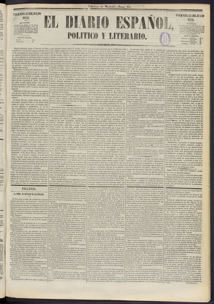 Miniatura de El Diario Español Político y Literario del 23 de julio de 1852, nº 45