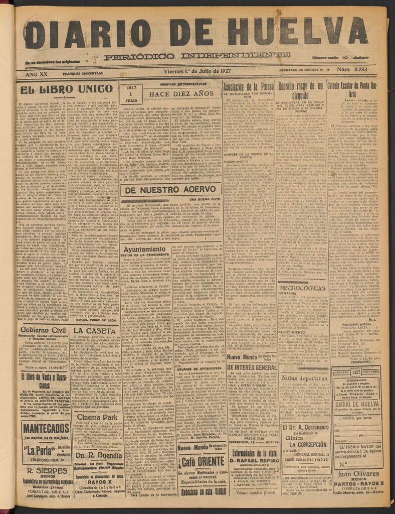 Miniatura de Diario de Huelva : periódico independiente del 1 de julio de 1927